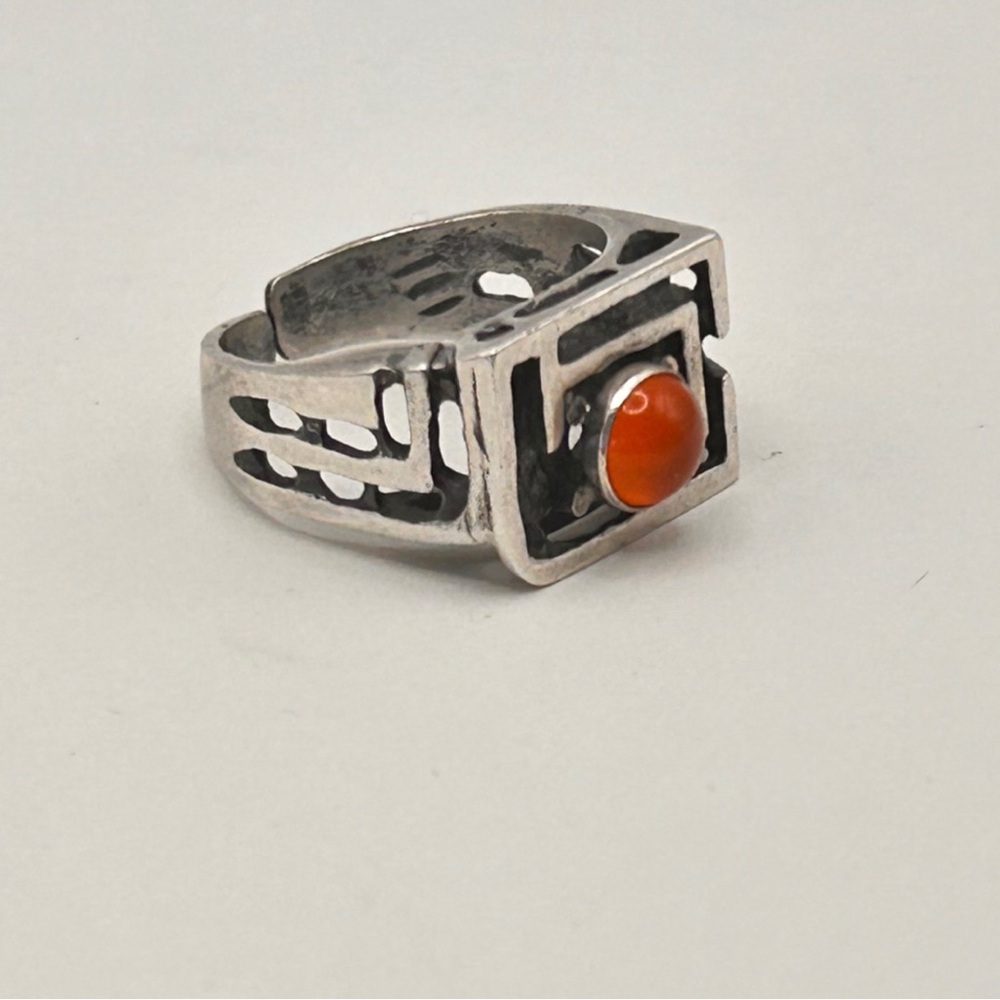Vintage Estate Marked Sterling and Carnelian Modernist Geometric Adjustable Ring